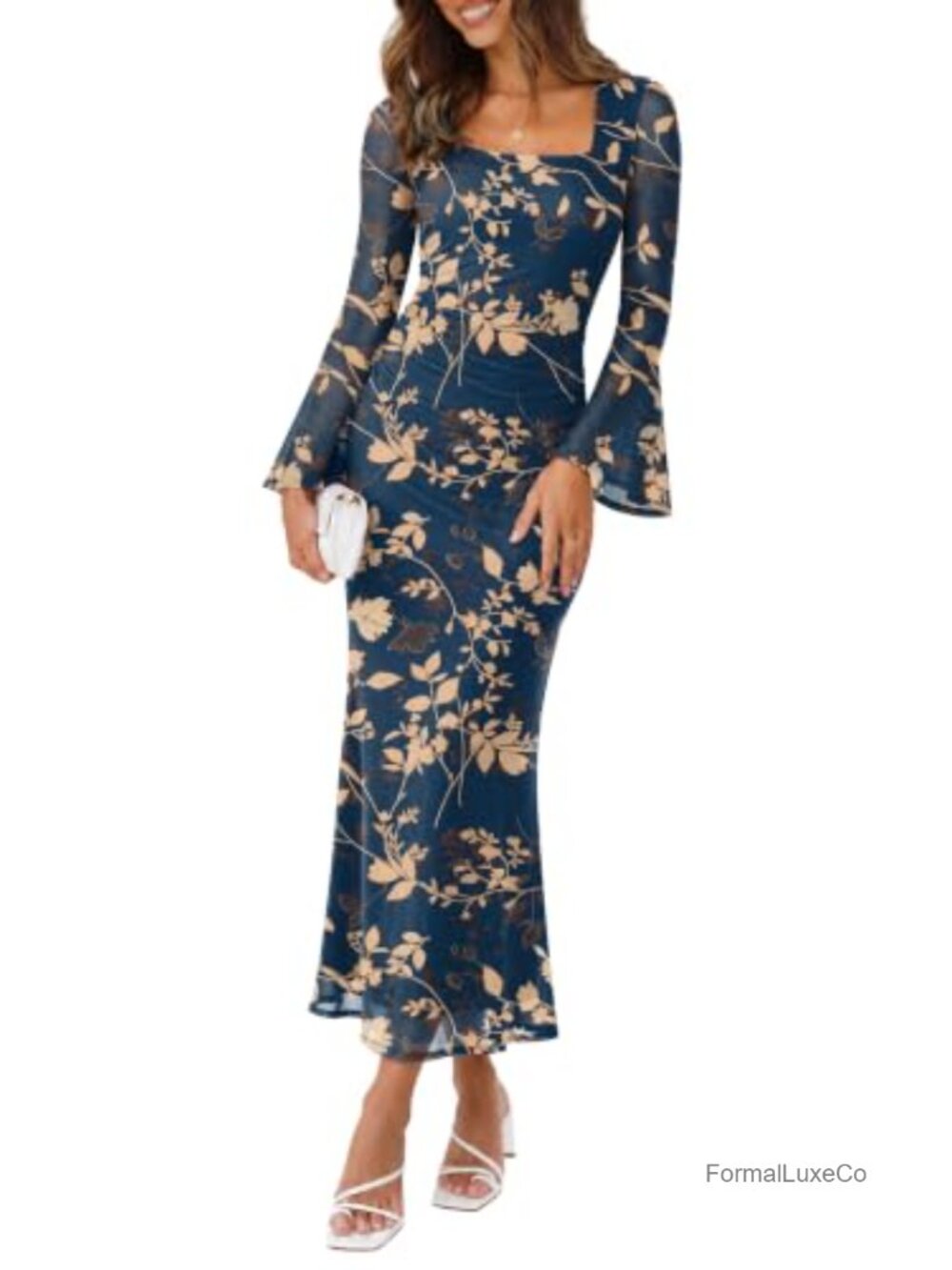 Bodycon Maxi Dress Long Sleeve Square Neck Formal Party